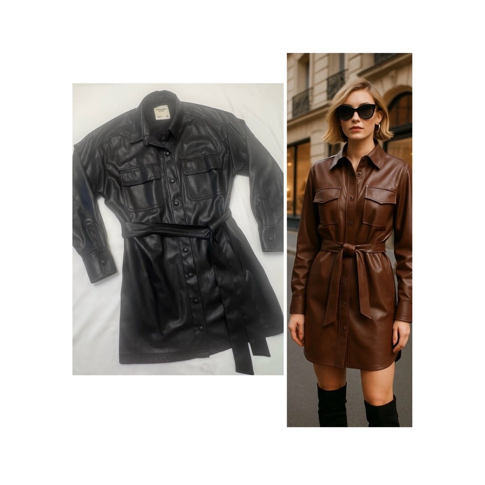 Abercrombie & Fitch Faux Vegan Leather Shirt Dress Belted‎ Shacket Medium - Picture 3 of 10
